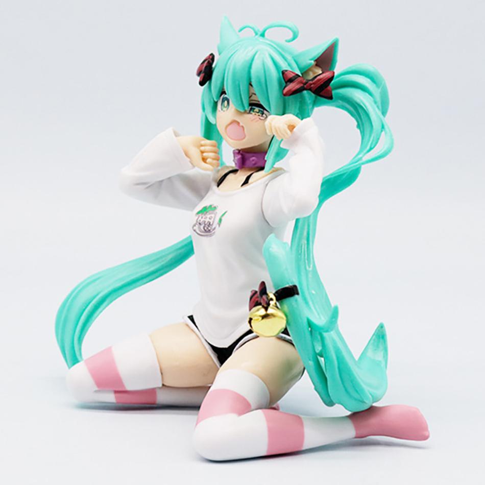 Anime Figure Girl Hatsune Miku Sitting Sexy Short Sleeved Pajamas Cat Ear Figurines Desktop Decoration Doll Collection Model Toy