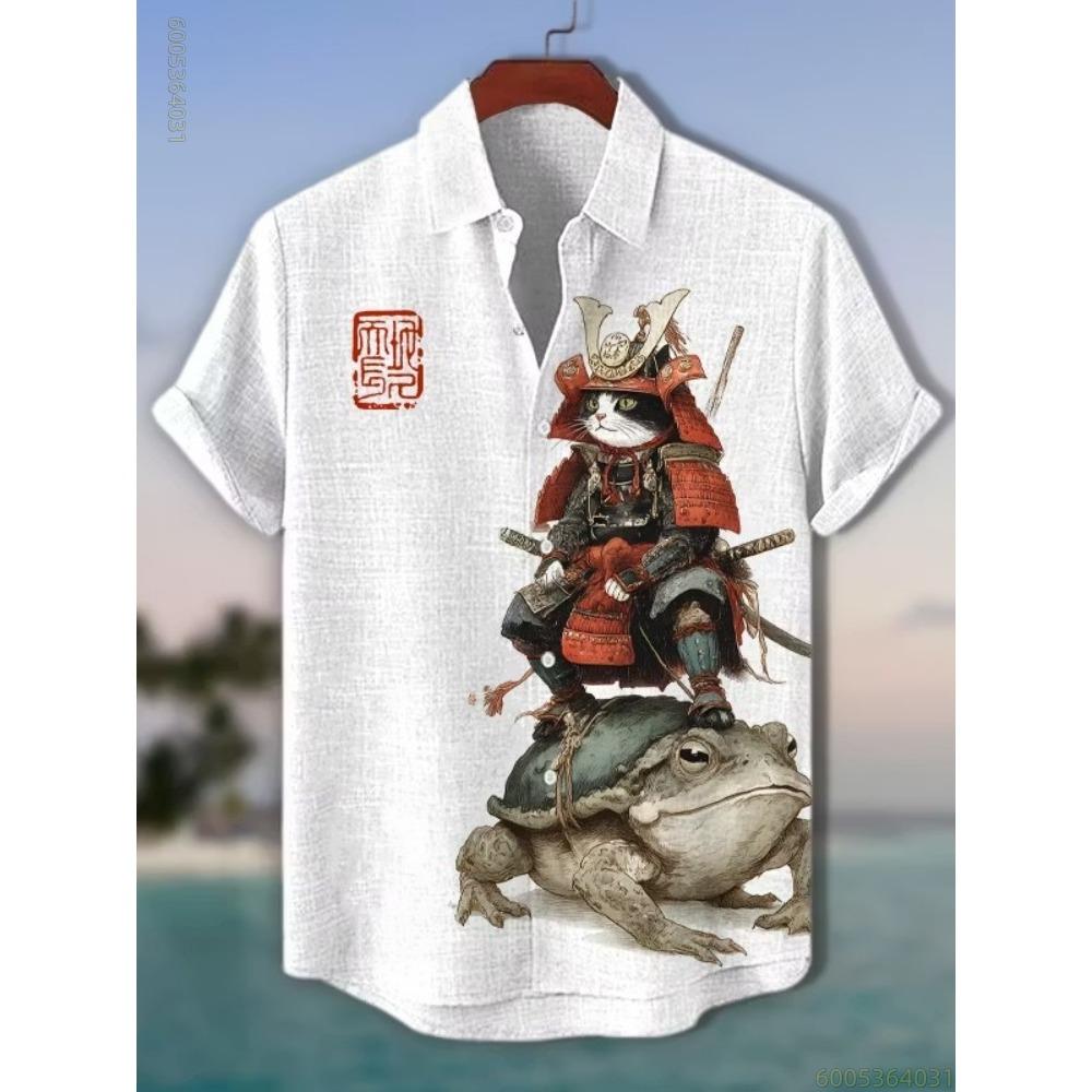 Herren Kurzarmhemd mit Schwarz-Katzen- und Blau-Drachen-Print, Geeignet für Strandurlaube, Partys und Bequemes Tragen.