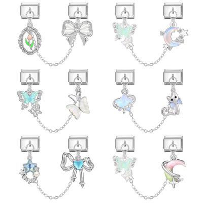 Dreamy Butterfly Moon Star Tulip Tassel Chain Italian Charm Links Fit 9MM Stainless Steel Bracelet Women DIY Making Jewelry