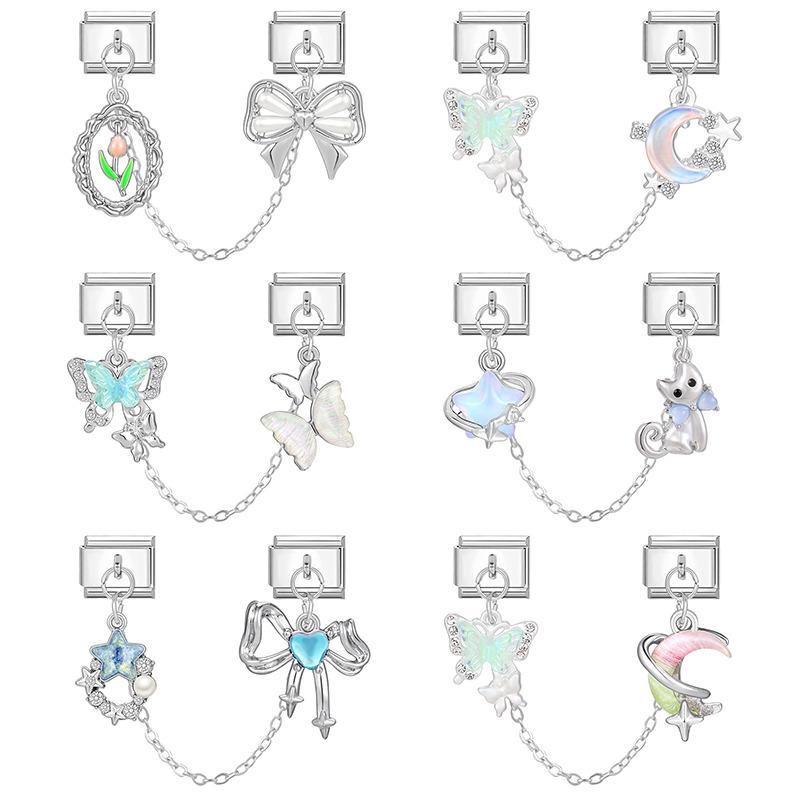 Dreamy Butterfly Moon Star Tulip Tassel Chain Italian Charm Links Fit 9MM Stainless Steel Bracelet Women DIY Making Jewelry
