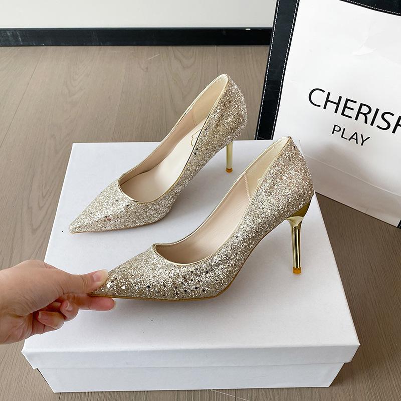 

2025 новые свадебные туфли Сюхэ, туфли невесты, туфли-лодочки, хрустальные пайетки, высокие каблуки, женские туфли на тонком каблуке с острым носком, банкетные туфли 42 шампанского