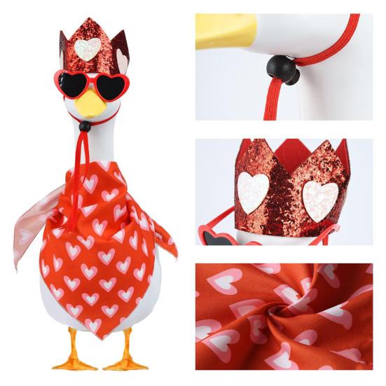 Valentine's Day Porch Goose Outfit Yard Goose Costume Lawn Goose Accessories Includes Red Heart Bib Hat Glasses for 23" Cement or Plastic Goose Statue