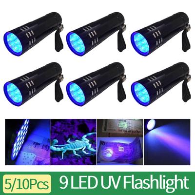 5/10Pcs 9LED Ultra Violet Torch Aluminum Mini 4.5V Banknote Detection Lamp Waterproof Battery Powered Lighting Tool for Outdoor