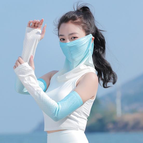 2Pcs/Set Face Guard Sun Protection Oversleeve Set, Ice Silk Cooling Fabric Arm Sleeves with Thumb Buckle Cuffs, for Outdoor Commuting Camping