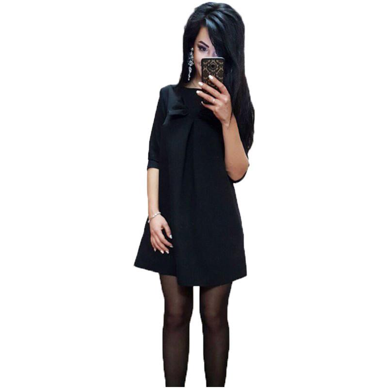 Elegant Cotton Blend Solid Color Dress With Sweet Bow Design For Stylish Commuters
