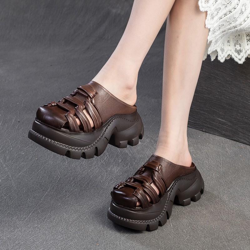 Fashion GKTINOO 2025 Summer New Retro Height Increasing Genuine Leather Slippers Hollow Out Lightweight Women's Platform Shoes