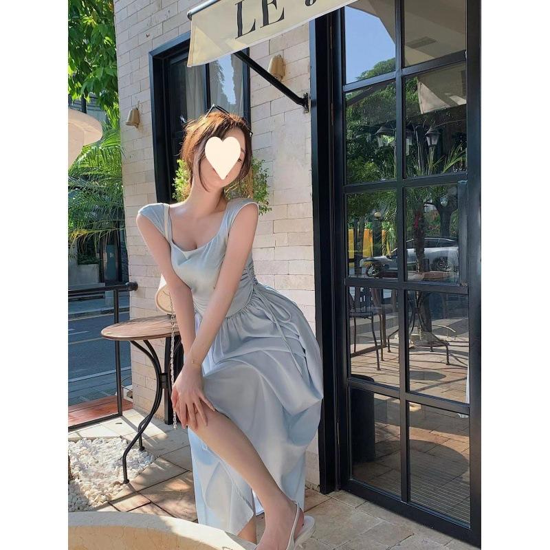 Spice Girl Weste Kleid Damen Sommer Neu Taille Spleiß Quadratischer Ausschnitt Rock Ärmellos Mittel und Lang Kleid