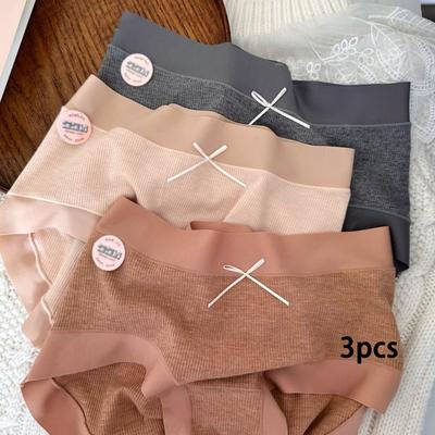 3 Stück Einfache Gebürstete Damen Melange Allumfassende Hüftform Mittelhoch Geschnittene Einfarbige Slips