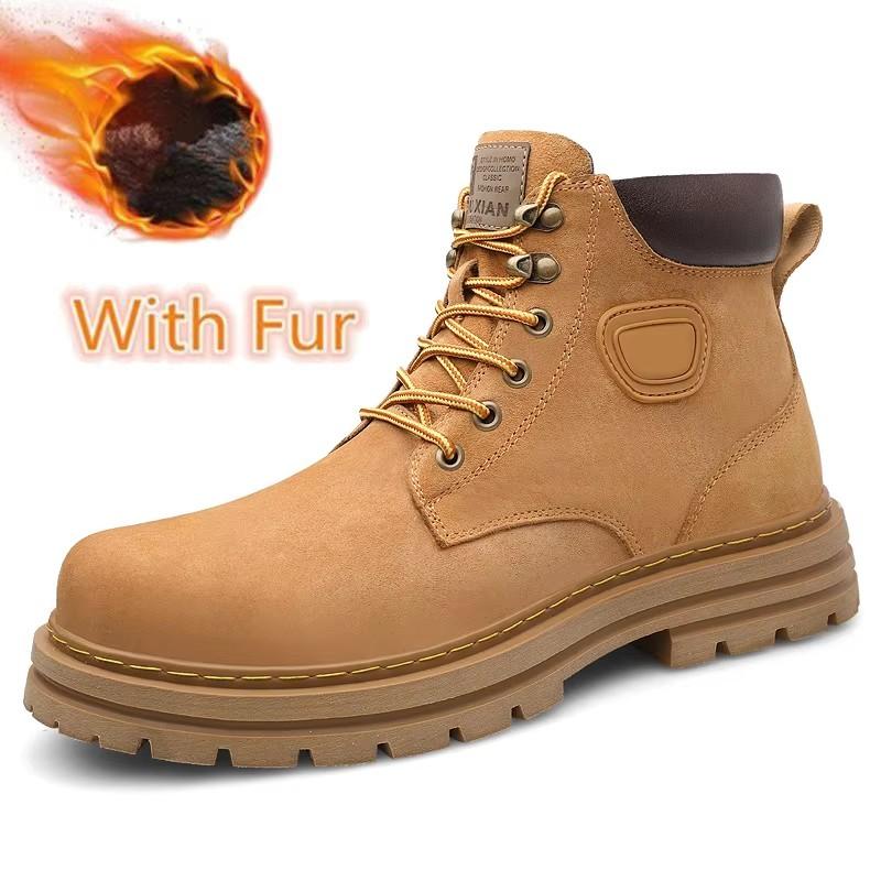 Fashion Warm Plush Fur Winter Botas High Top Mens Suede Leather Motorcycle Boots Non-Slip Lace-Up Outdoor Shoes New Arrival Basic Boots
