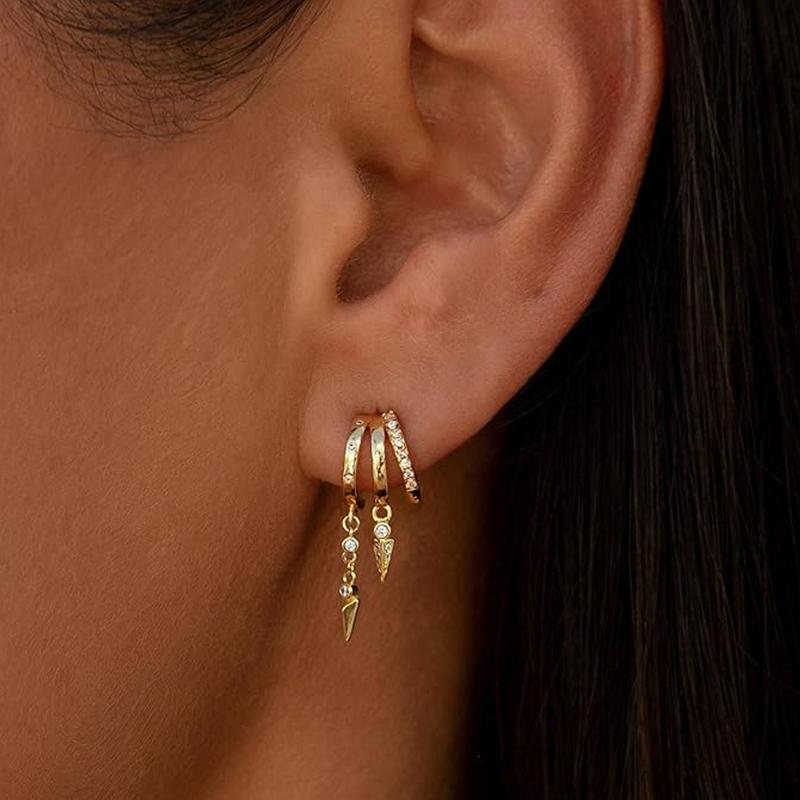 14k Gold Plated Triple Huggie Stud Earrings Cute Statement Chain Earring Dainty Drop Earrings for Women Trendy Jewelry