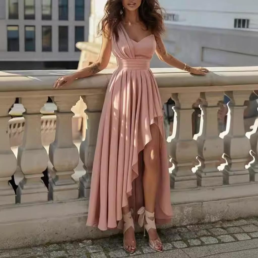 Abito Maxi da Donna Monospalla Senza Maniche Vestibilità Aderente Vita Alta Glitter Tinta Unita Spacco Asimmetrico Abito da Sera