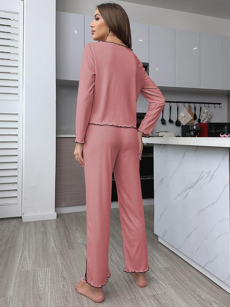European and American Ribbed Knit Women's Pajama Set - Cardigan & Long Pants - Luxurious French Style Homewear for Autumn/Winter