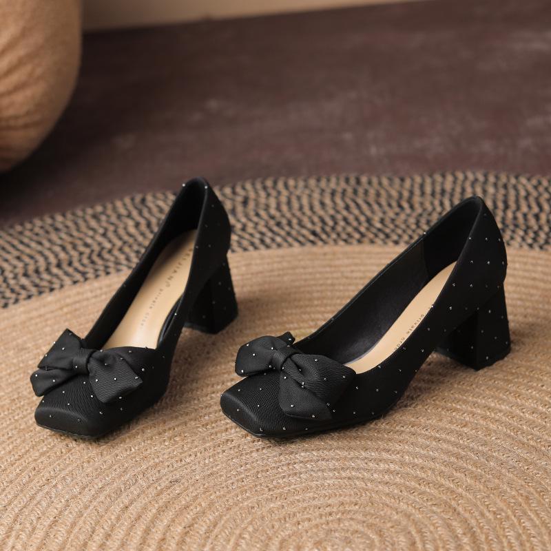 Burgundy Square Toe Silk Heels with Rhinestone Bow