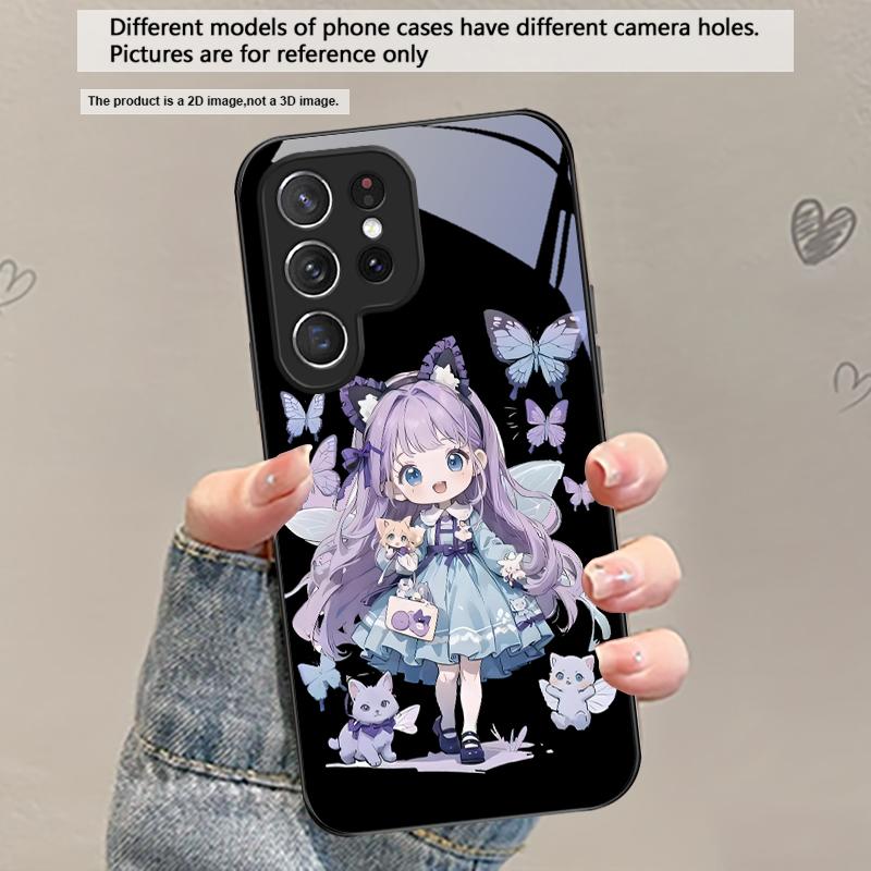 

Q-version Blue Butterfly For Samsung Galaxy S20 S21 S22 S23 Plus S24 FE S25 Ultra S26 Edge S25+ S20+ S22+ Black Glass Phone Case Galaxy S26