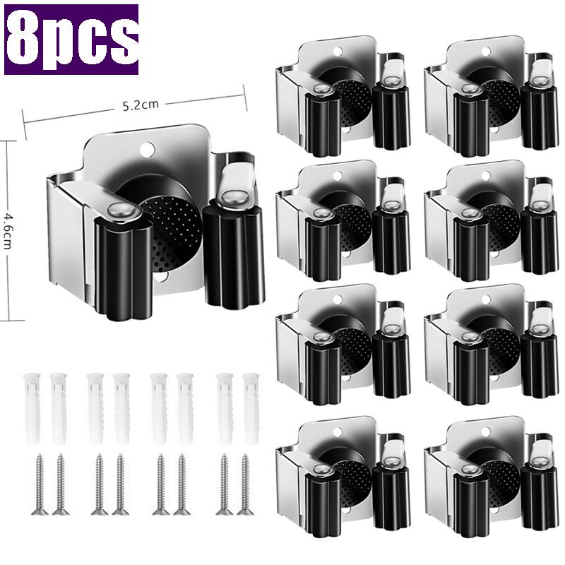 Stainless Steel Mop Clip Holder Wall Mounted Mop Brush Broom Hanger Fixed Rack Kitchen Bathroom Organizer Shelf Hook Accessories