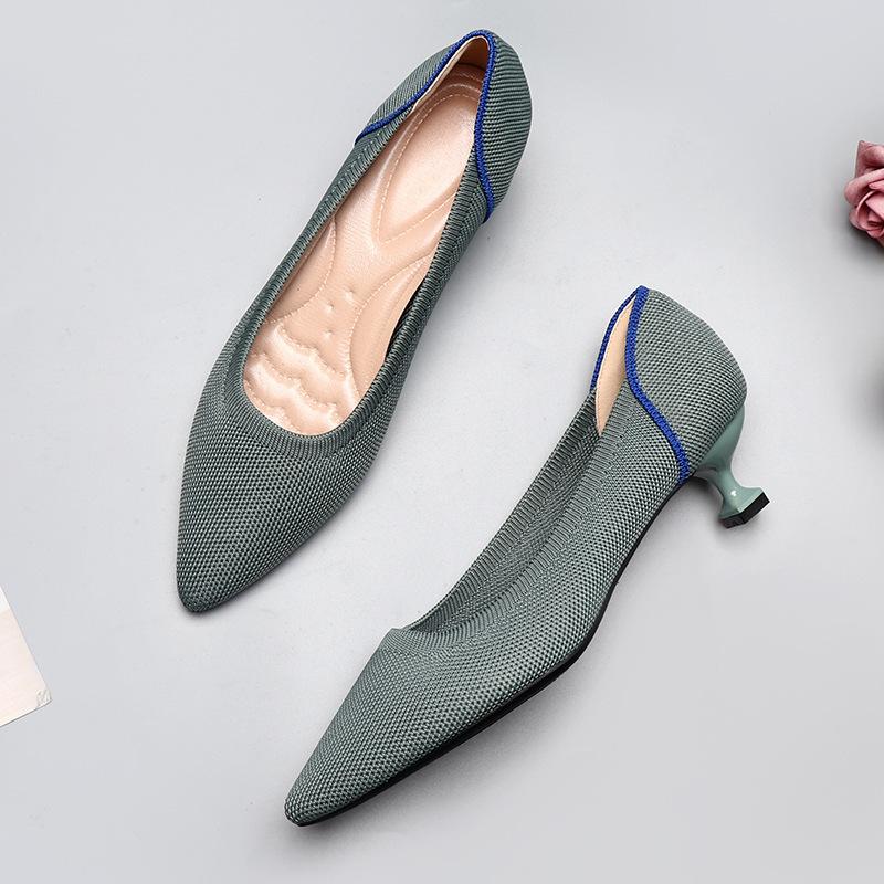Spring and Autumn Flying Knitted Single Shoes Middle Heel Knitted Flying Thread Knitted Thin Heel Cat Heel Ladle Shoes