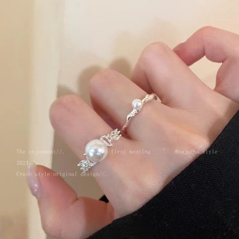 Pearl Zircon Open Ring Women'S French Index Finger Ring Niche Design Light Luxury High-End Ring