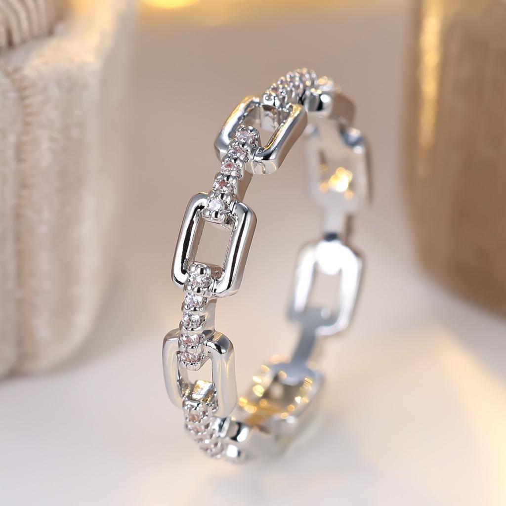 Classic Chain Shaped Women Silver Color Ring Inlaid Shiny Cubic Zirconia Trendy Party Daily Versatile Elegant Jewelry