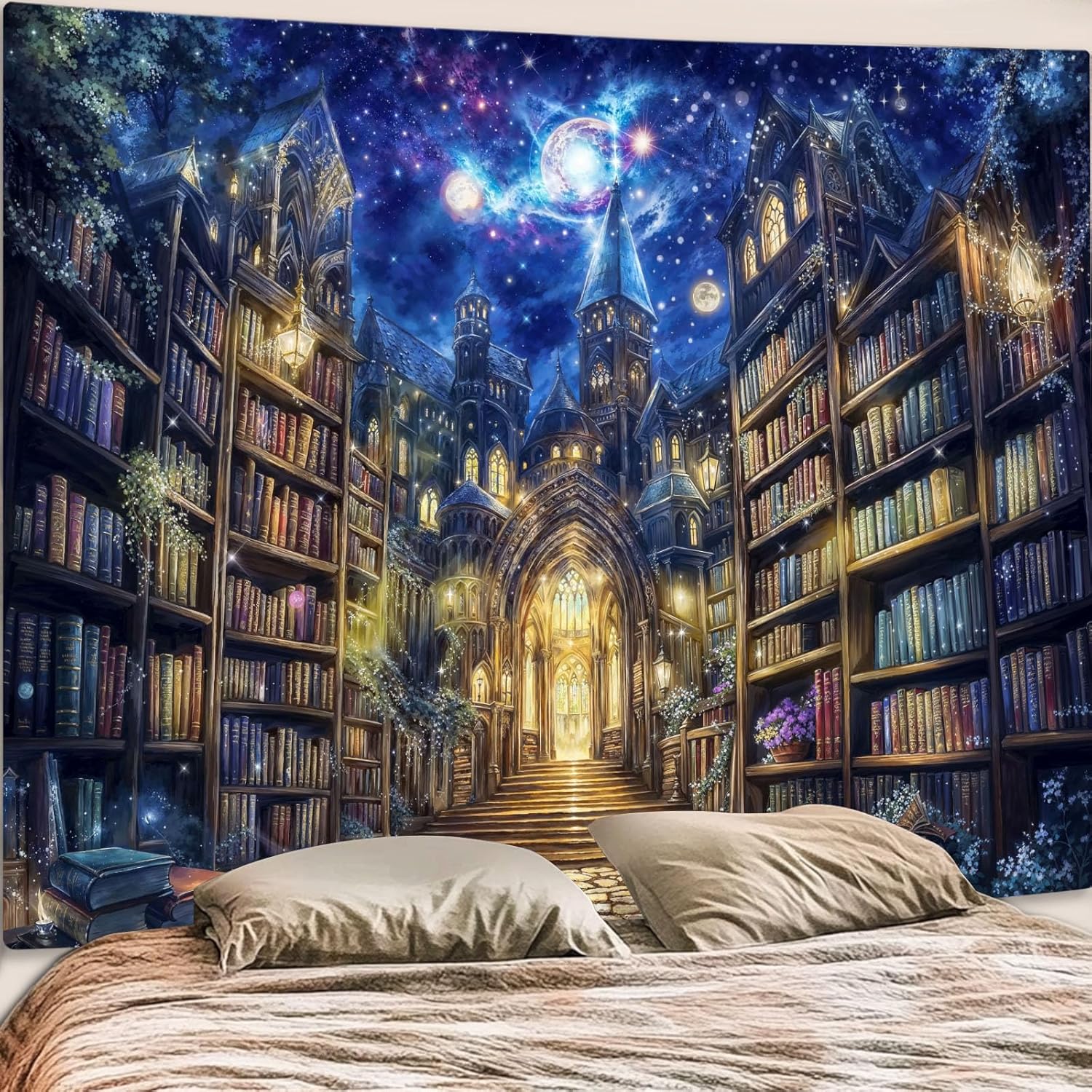 Forest Library Tapestry Tree Bookshelf Tapestries Wall Hanging Vintage Fantasy Fairy Treehouse Book Large Tapestry for Bedroom 74x94cm(29x37in)