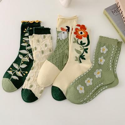 5 Pairs  Socks Women's New Spring and Summer Tube Socks Fashionable Retro Three-dimensional Flower Casual Breathable Women's Socks