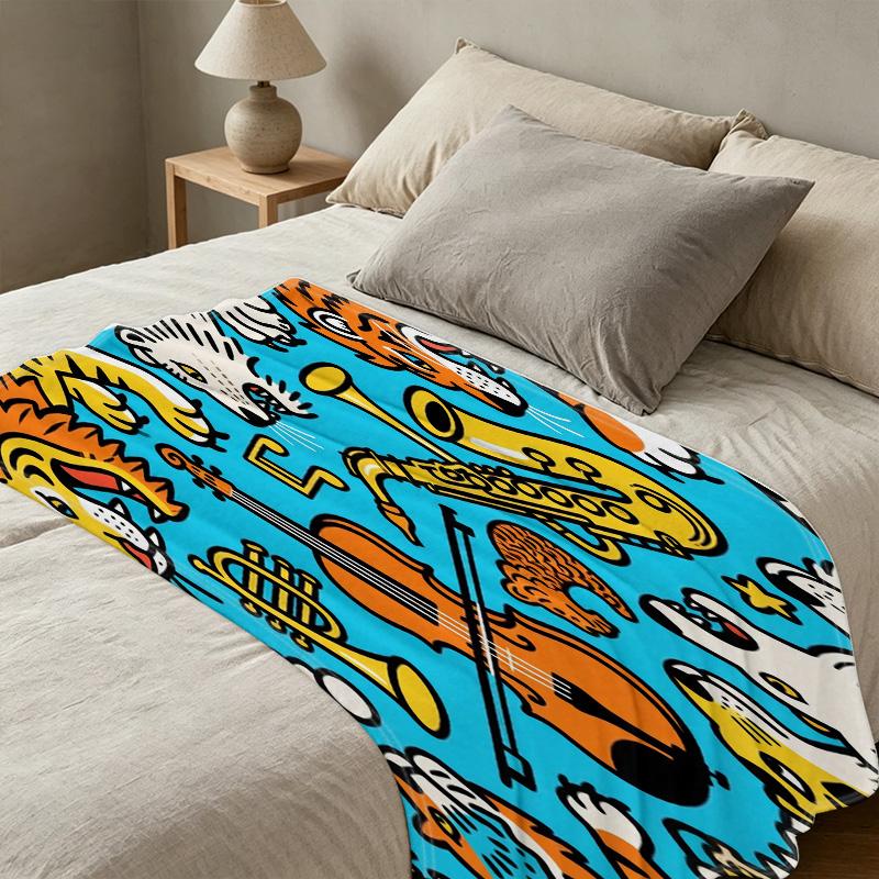 Vibrant Animal Music Design Flannel Blanket – Lightweight, Cozy Warm Soft Throw for Sofa Naps, Window Sill Decor, Christmas & Halloween Home Use