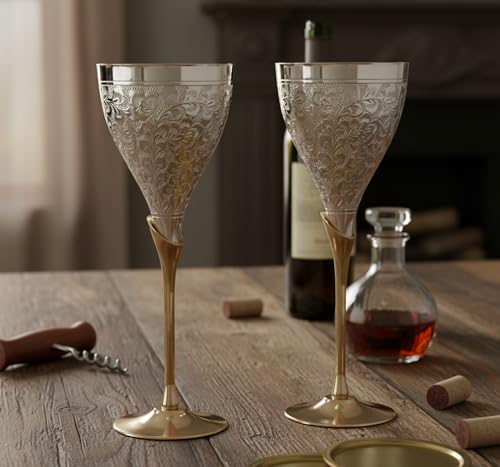 StonKraft Graviertes Versilbertes Reines Messing Premium Kelch Champagnerflöte Coupe Weinglas Set