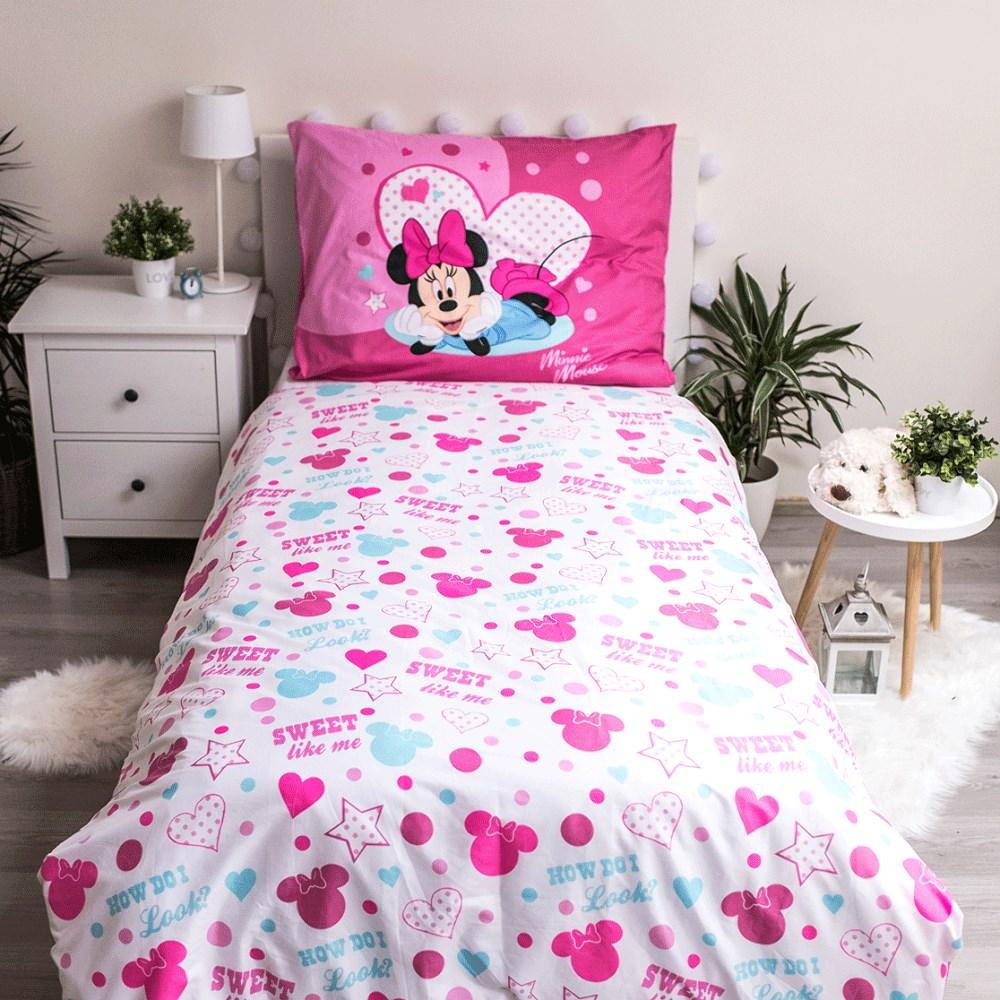Pościel Dziecięca 140X200 Myszka Mini Minnie Mouse 9503 Różowa Amarantowa W Groszki Poszewka 70X90