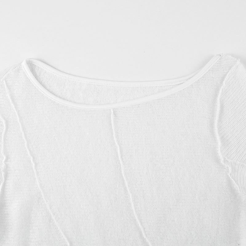 WTEMPO Brand Pure Desire Style Perspective Mesh Oblique Neck Long Sleeve Women's T-Shirt Sexy Short Loose Slim Blouse Splice Pullover Tops