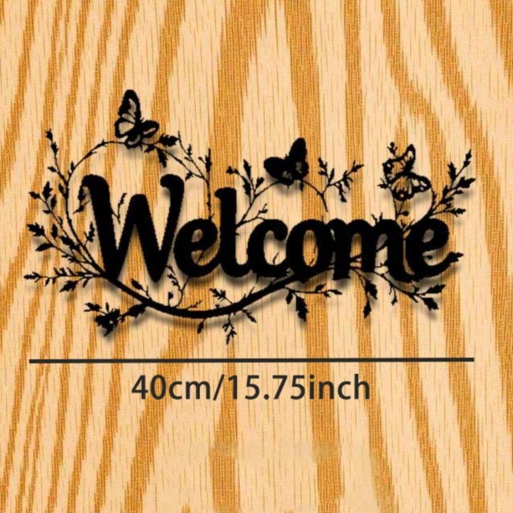 Modern Welcome Sign Metal Wall Art Elegant Cursive Iron with Leaves Openwork Design Black Horizontal Outdoor Durable Home Entrance Decoration Gift