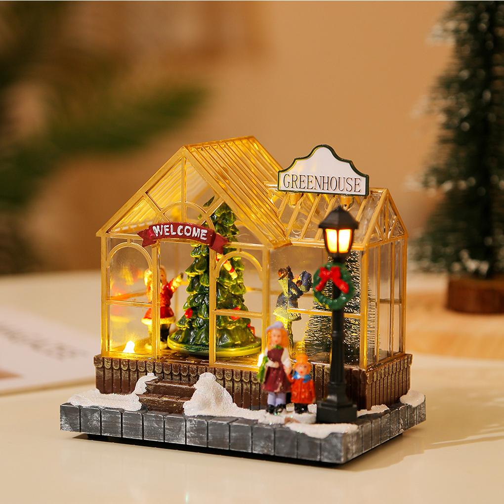 2025 Christmas Musical Light Up Village House Resin Ornament with LED Light Rotating Tree Figurines Holiday Table Decoration