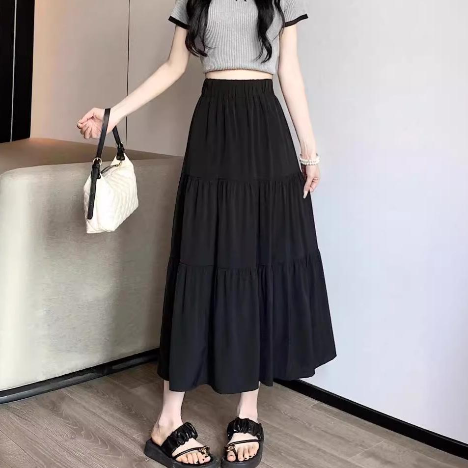 Women's Black High-Waist Pleated A-Line Long Skirt – Slim, Hip-Covering, High-End Spring Style