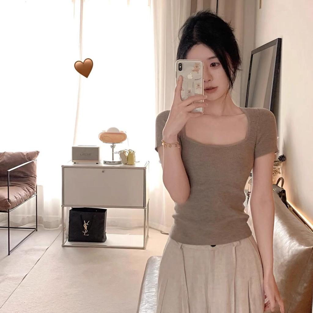 Pure desire square neck ice silk knitted short-sleeved t-shirt women's summer shoulder t-shirt slim and thin u-neck short top