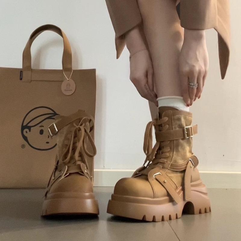 Boots for Women's Retro Round Head Belt Buckle Thick-soled Short Boots Women's Fashion Medium Tube Locomotive Boots Botas Mujer