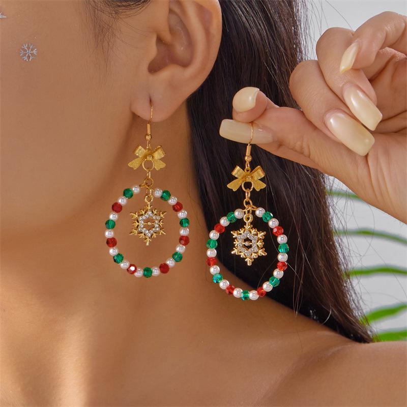 Colorful Christmas Diamond Bowknot & Star Seed Bead Earrings