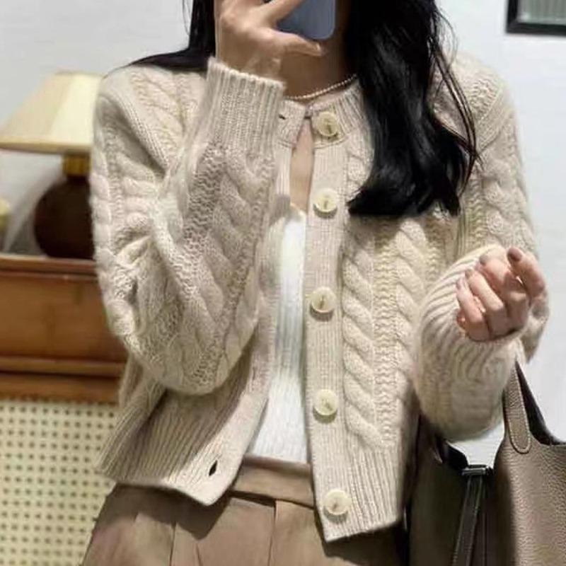 Autumn and Winter New Thickened Knitted Sweater Women's Crew Neck Sweater Cardigan Loose Lazy Twist Knitted Top Jacket