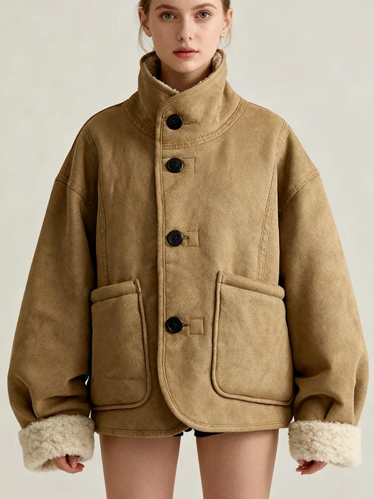 Women's Double-sided Winter Jacket Stand Up Collar Warm Jacket Women's Suede Lamb Wool Jacket Fashionable Thick Jacket Autumn and Winter