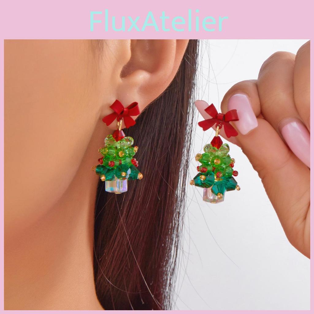 Christmas Tree Earrings Girls Alloy Red Bow Sparkling Jewelry With Holiday Style For Women