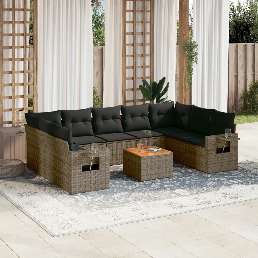 10 Piece Garden Sofa Set with Cushions Gray Poly Rattan