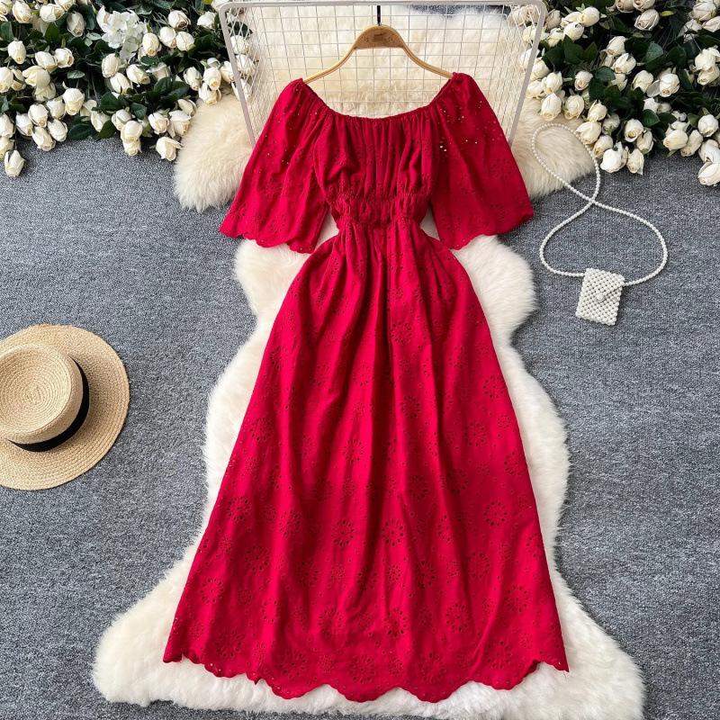 French Sweet Fairy One-word Shoulder Hollow Embroidery Dress, Female Waist and Thin Temperament Holiday Style Knee-length Dress