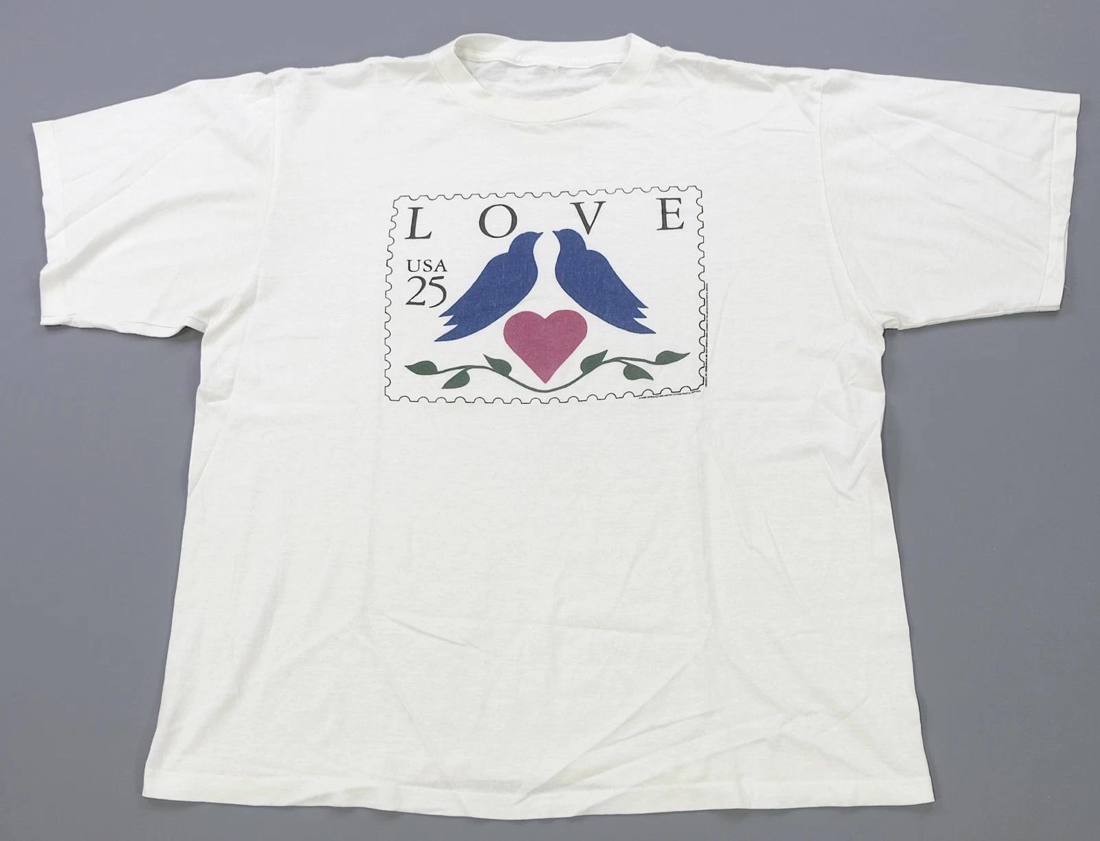 Rare Vintage USPS Love Stamp 25 Cent Birds Heart 1988 Graphic T Shirt 80s White 3XL