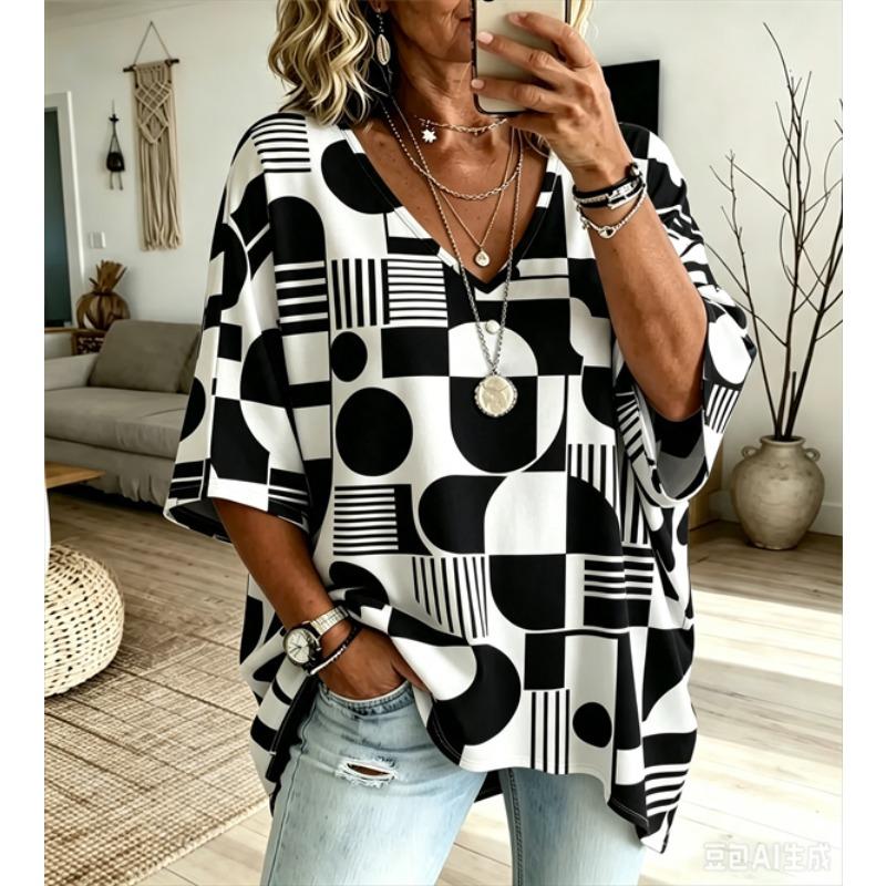 T-shirt da Donna Taglie Forti Scollo a V Maniche a Pipistrello Stampa Etnica Boemia Top Largo Estivo Comodo Traspirante Quotidiano Casual Stile Modellante