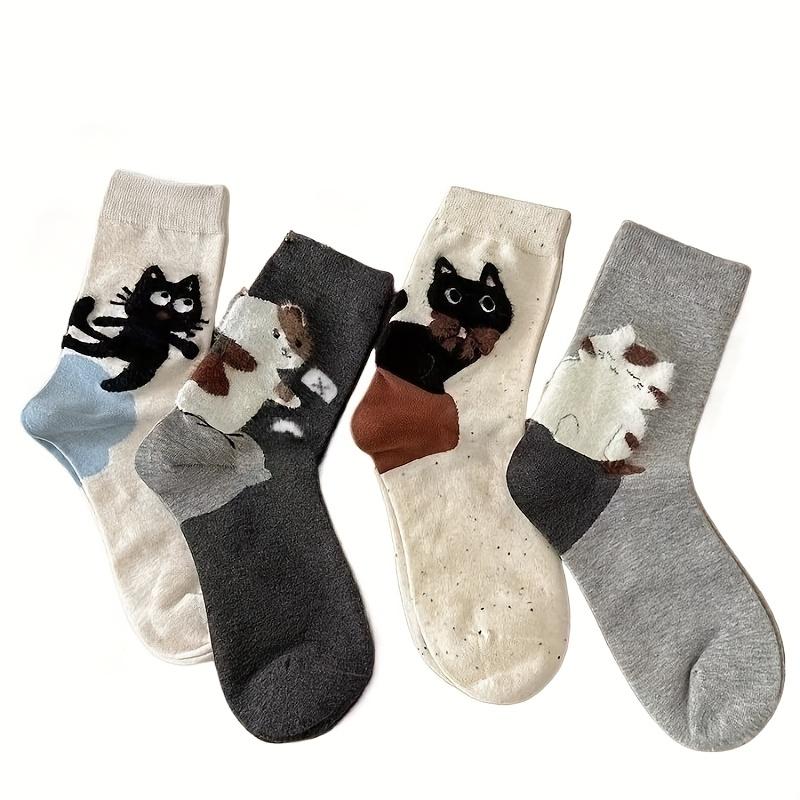 

8pcs/4-Pair Unisex Autumn & Winter Warm 3D Cartoon Cat Mid-Calf Socks, Cute Ins Style Cold-Proof Casual Sports Socks One-size