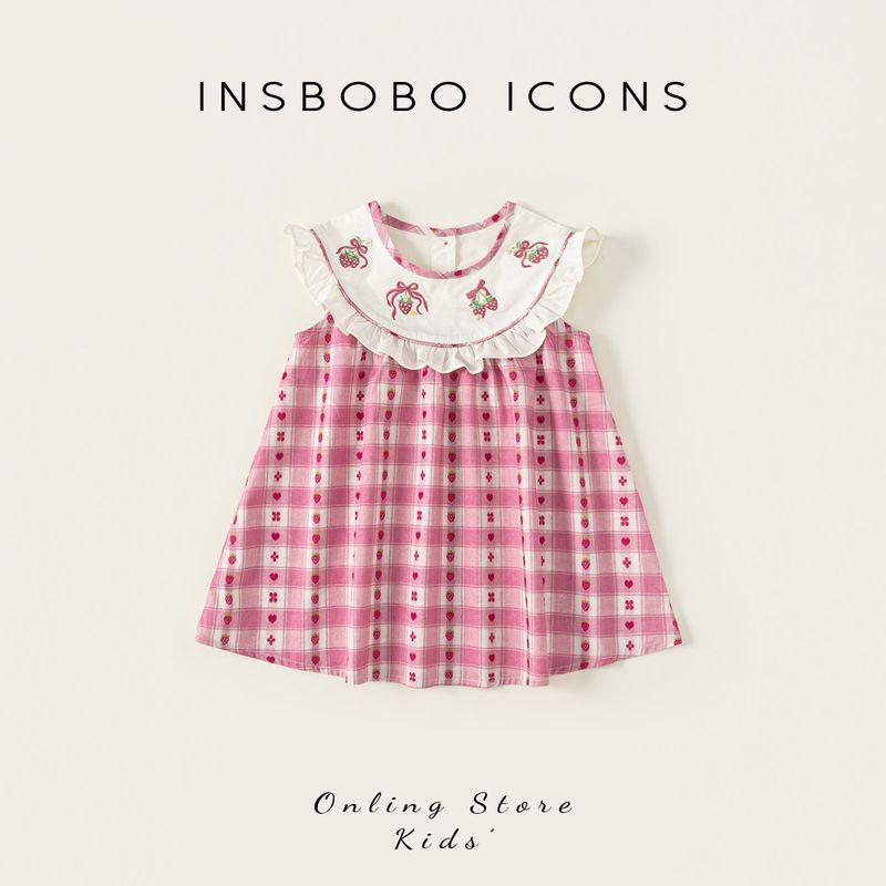 Insbobo Girls  Dress 2026 Summer New Style Baby Girl Halter Dress Baby Plaid Dress Beautiful Summer Outfit Pink Grid 140 cm