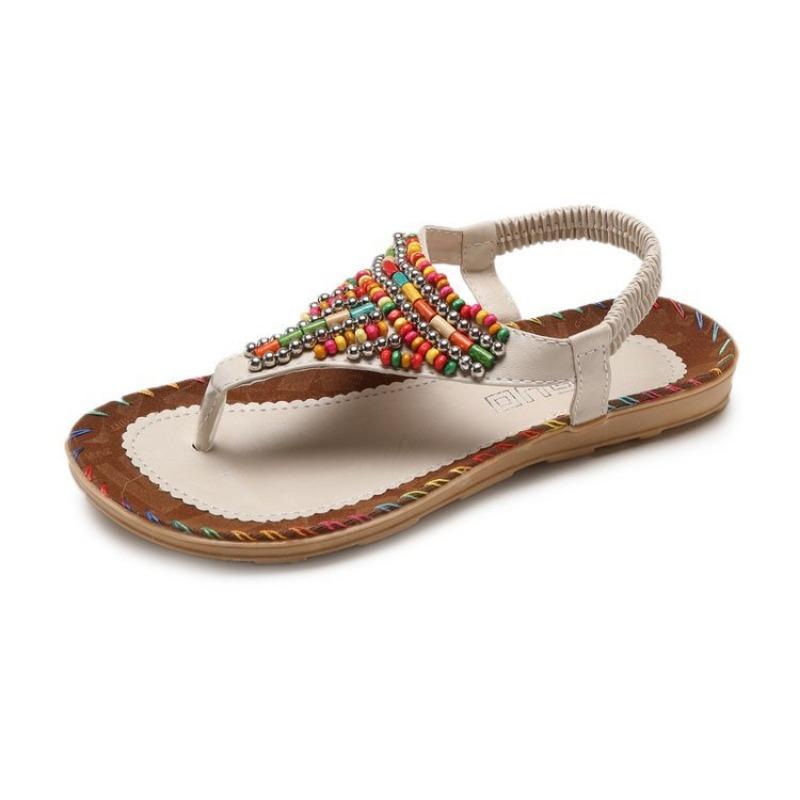 

Bohemian beaded beach sandals women s summer new comfortable flat large size women s sandals 40 бежевый