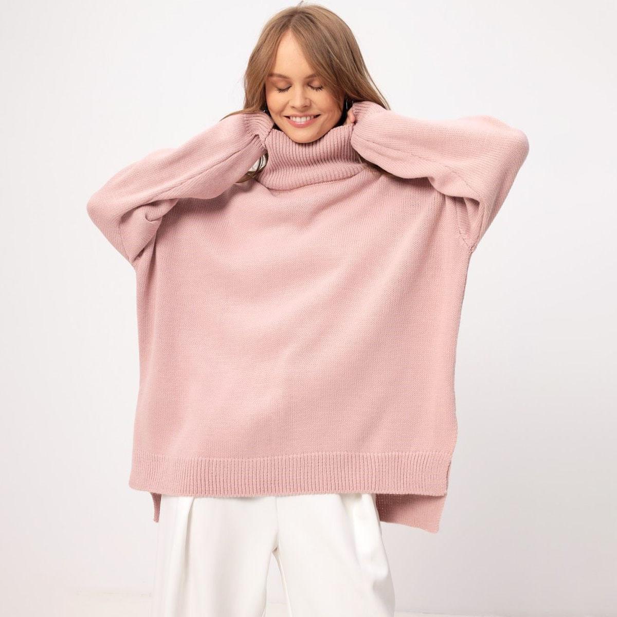 

Женский осенне-зимний повседневный вязаный свитер с высоким воротником и длинными рукавами L розовый