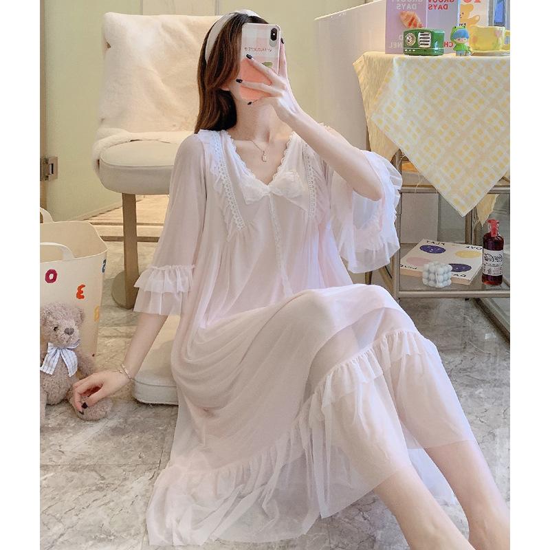 Short-Sleeved Mesh Lace Long Nightdress Summer Court Style Princess Pajamas Women'S Bow Loungewear With Chest Pad