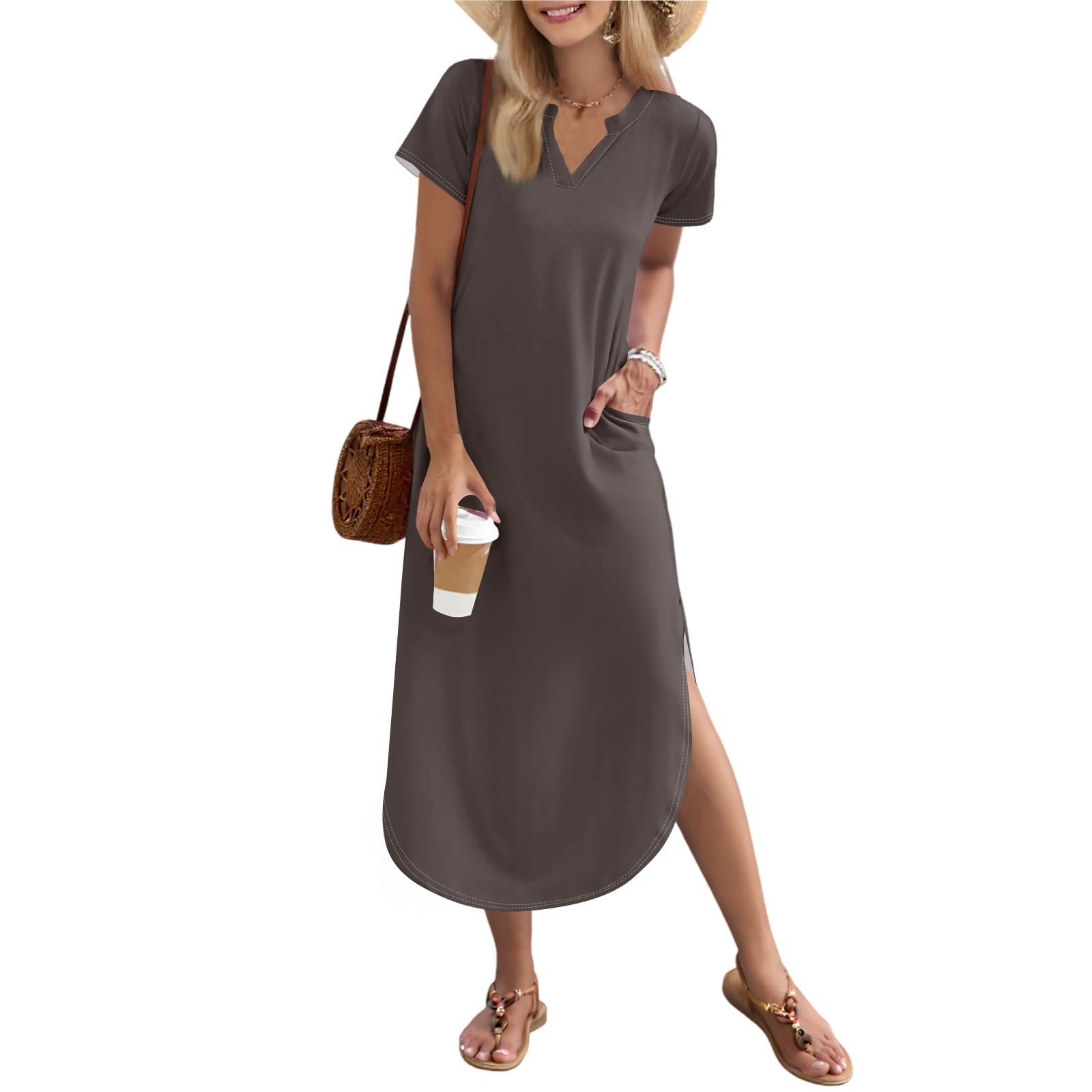 

Жіноча довга спідниця, повсякденна довга сукня-сорочка з V-подібним вирізом, вільна святкова сукня з коротким рукавом і розрізом S бежевий