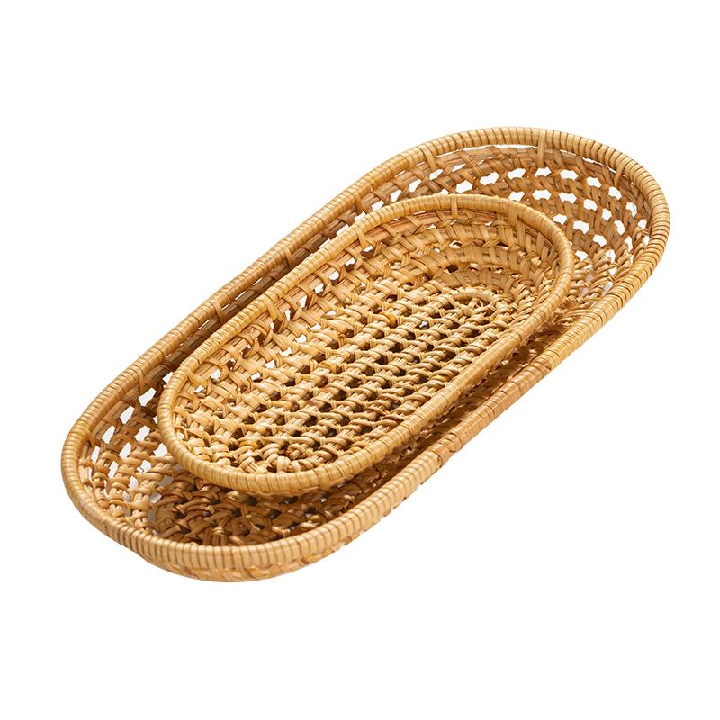 Hand-Woven Rattan Oval Storage Basket, Organizer Tray For Kitchen Accessories, Picnic Food Fruit Snack Bread Cutlery Basket
