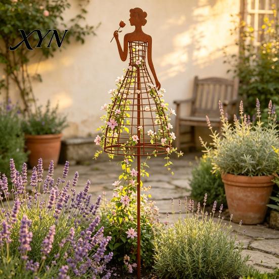 Decorative Outdoor Yard Ornament Vintage Metal Lady Trellis, Iron Girl Shaped Garden Plant Support Stake, Rustproof Flower Stand Climbing Vine Art for