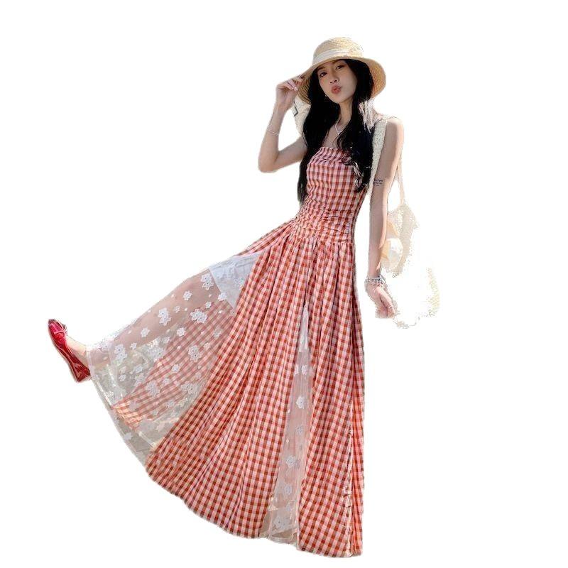 French Sweet Vacation Plaid Lace Splicing Tube Top Dress, Summer New Temperament Waist and Thin Medium and Long Dress